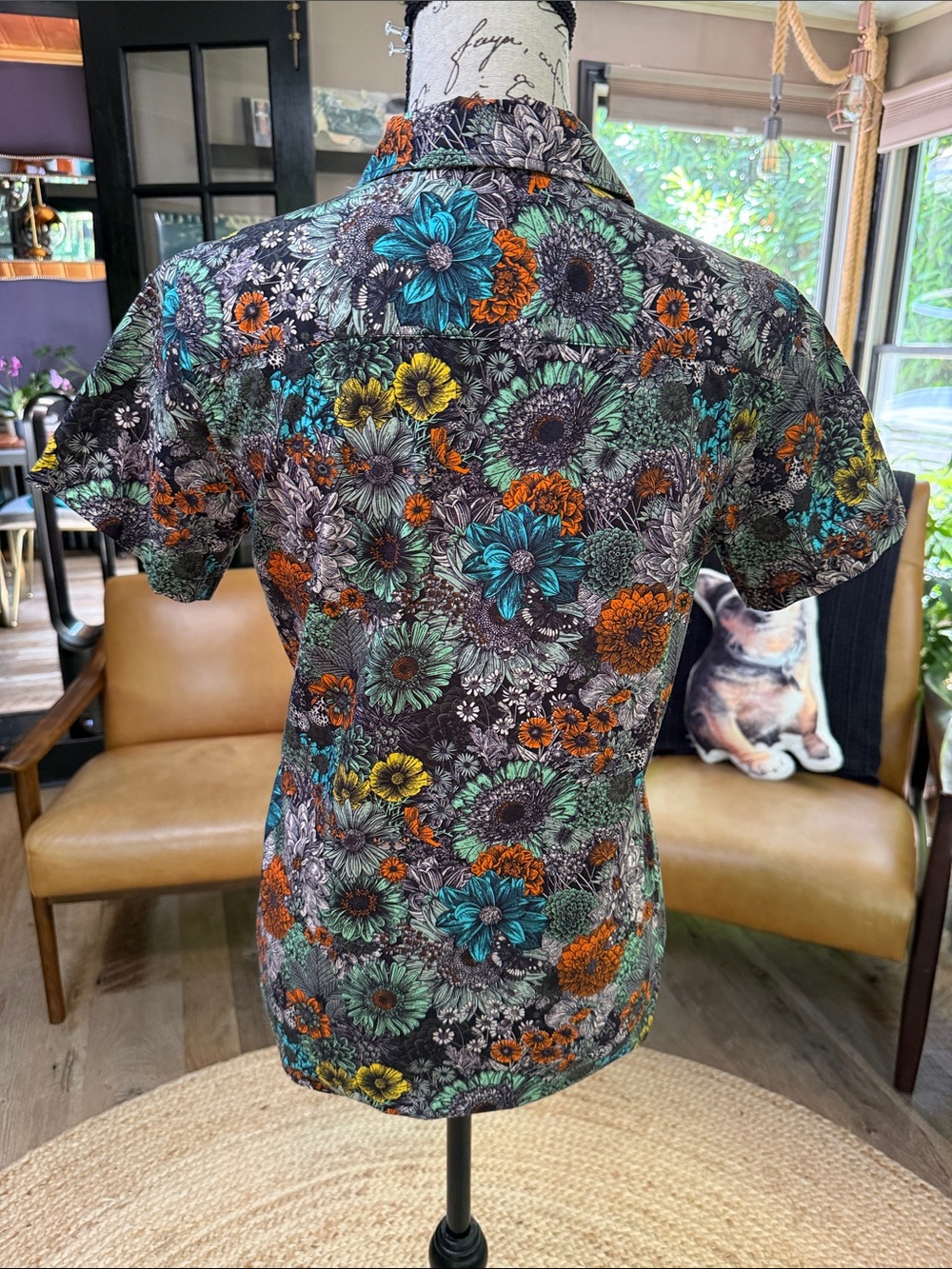 Wildfang Black Floral Button-Up Shirt with Teal, Orange & Yellow Accents - Picture 4 of 10